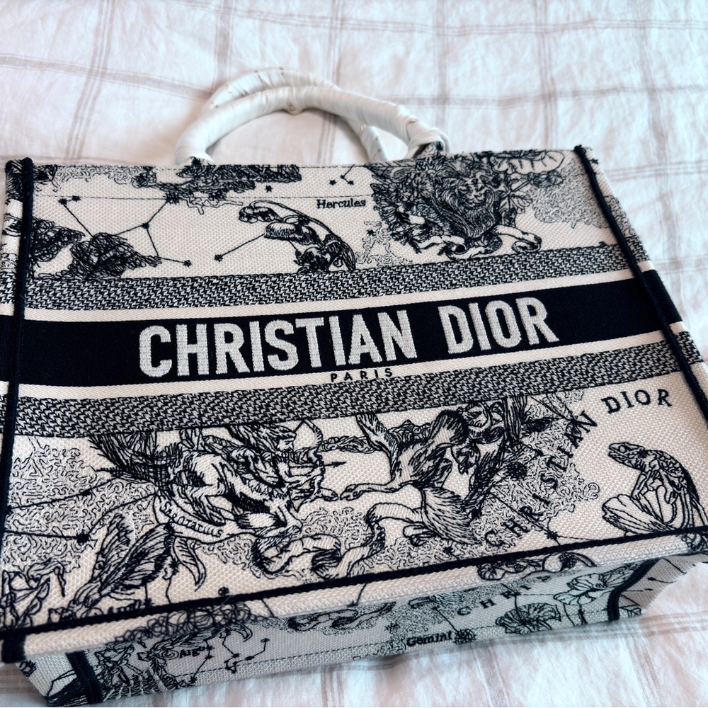 Year 2023 Large Dior Book Tote Latte and Black Toie de Jouy Zodiac Embroidery.